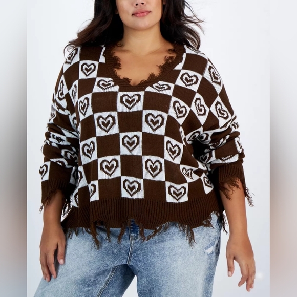 Just Polly Sweaters - Just Polly New York Sweater Brown Knit Hearts Destructed V-neck Size 3X NEW